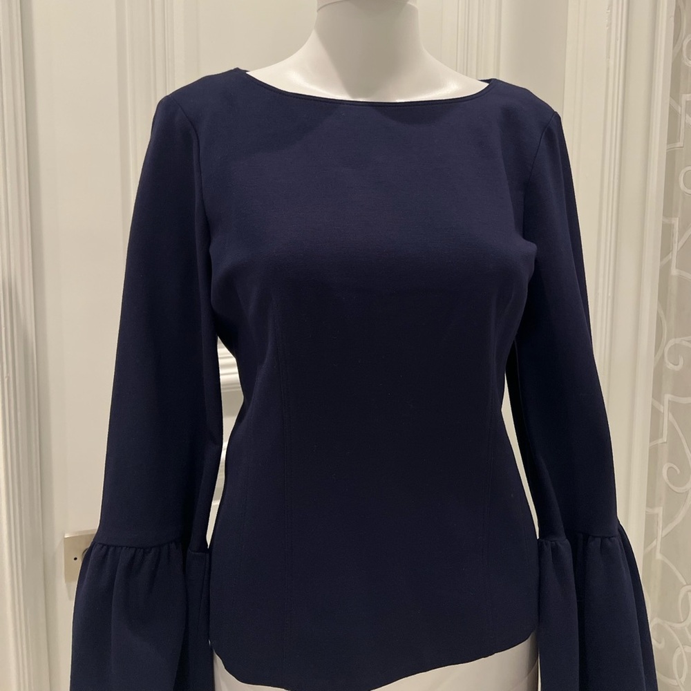 Tibi top long sleeves crepe boat neck bell sleeve top navy size 10